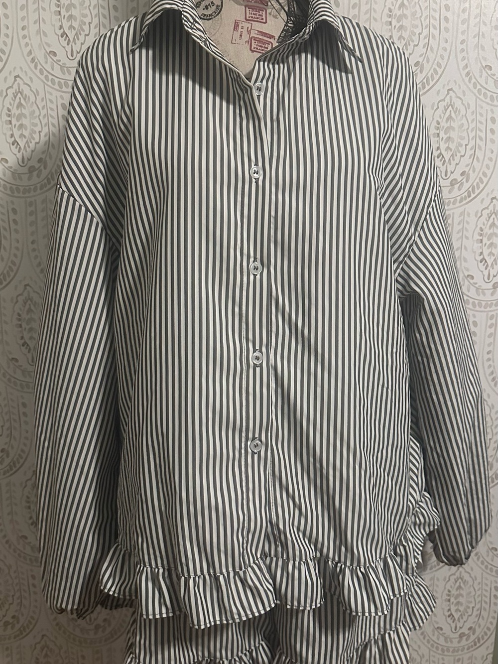 Striped Black and White Button-Front Ruffle Hem Top and shorts